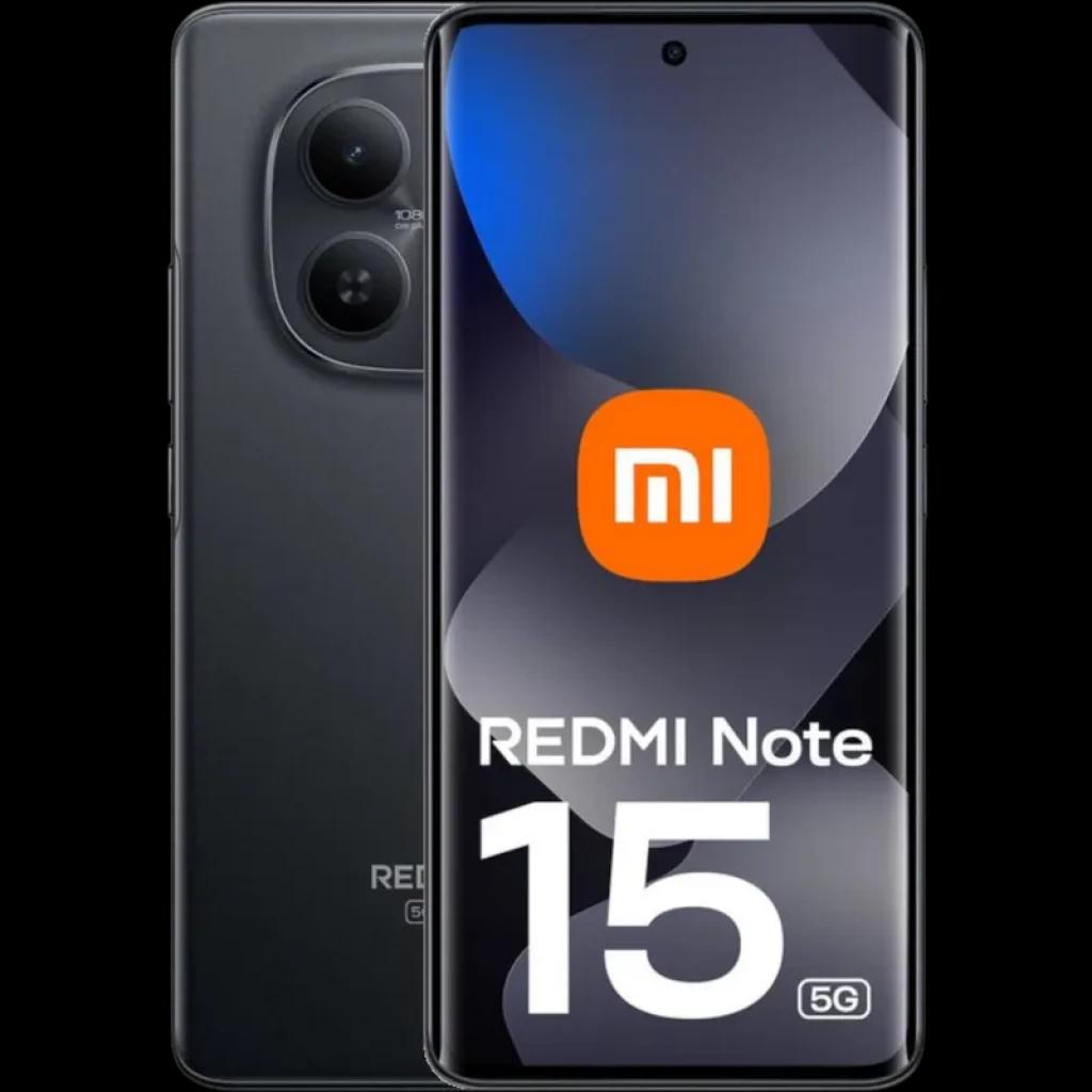 Xiaomi Redmi Note 15 5G 8GB 256GB Preto com tela ampla de bordas finas, furo central para câmera frontal e módulo traseiro com duas câmeras grandes