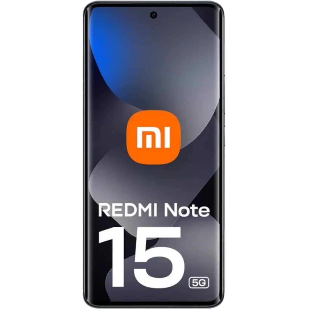Xiaomi Redmi Note 15 5G preto com tela ampla de bordas finas, câmera frontal central em furo, logotipo Mi na tela e design elegante moderno