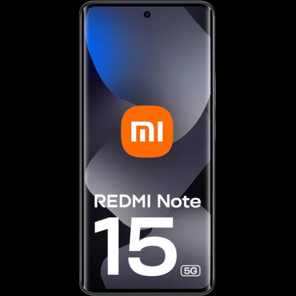 Xiaomi Redmi Note 15 5G preto com tela ampla de bordas finas, câmera frontal central em furo, logotipo Mi na tela e design elegante moderno