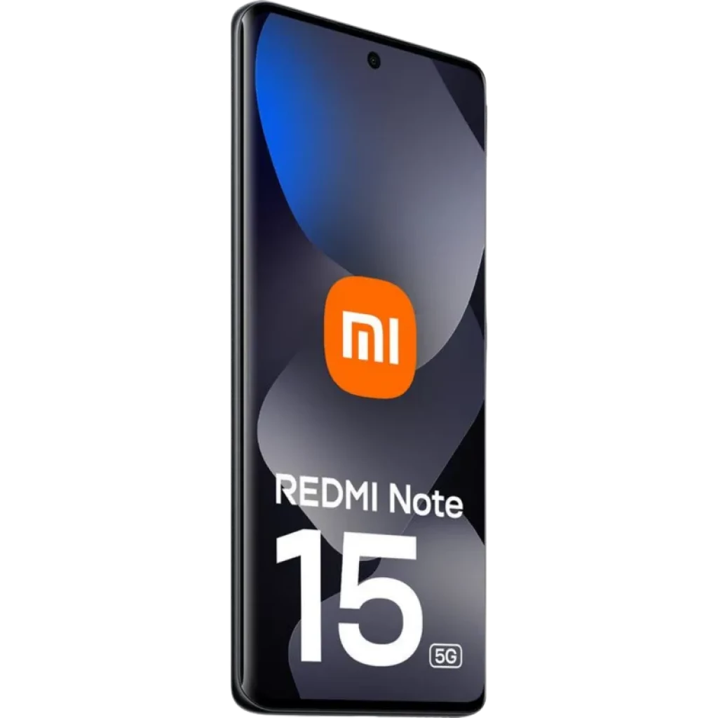 Xiaomi Redmi Note 15 5G 8GB/256GB Preto com tela ampla quase sem bordas, furo central para câmera frontal, laterais arredondadas e acabamento elegante escuro