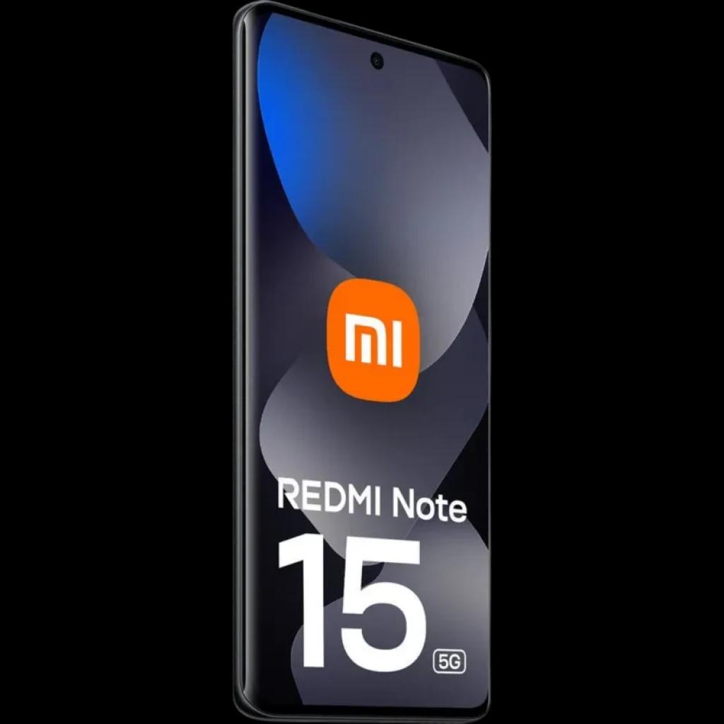 Xiaomi Redmi Note 15 5G 8GB/256GB Preto com tela ampla quase sem bordas, furo central para câmera frontal, laterais arredondadas e acabamento elegante escuro