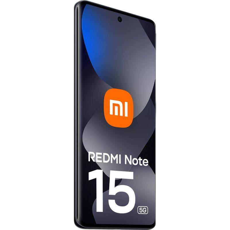 Xiaomi Redmi Note 15 5G 8GB/256GB Preto com tela grande de bordas finas, furo central para câmera frontal e design curvo elegante com logotipo Redmi na tela