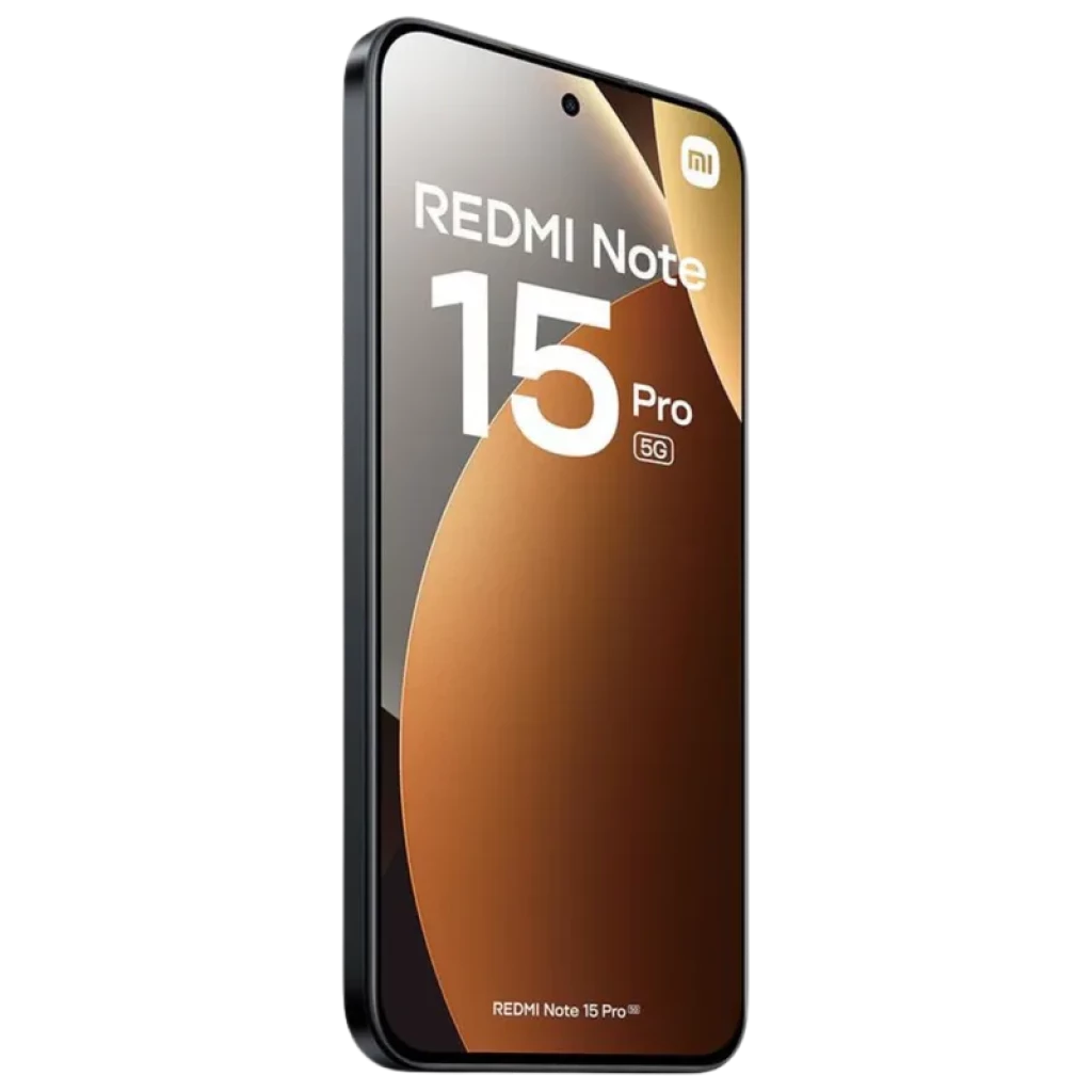 Xiaomi Redmi Note 15 Pro 5G 8GB/256GB preto com tela grande de bordas finas, furo central para câmera frontal e laterais retas em acabamento fosco elegante