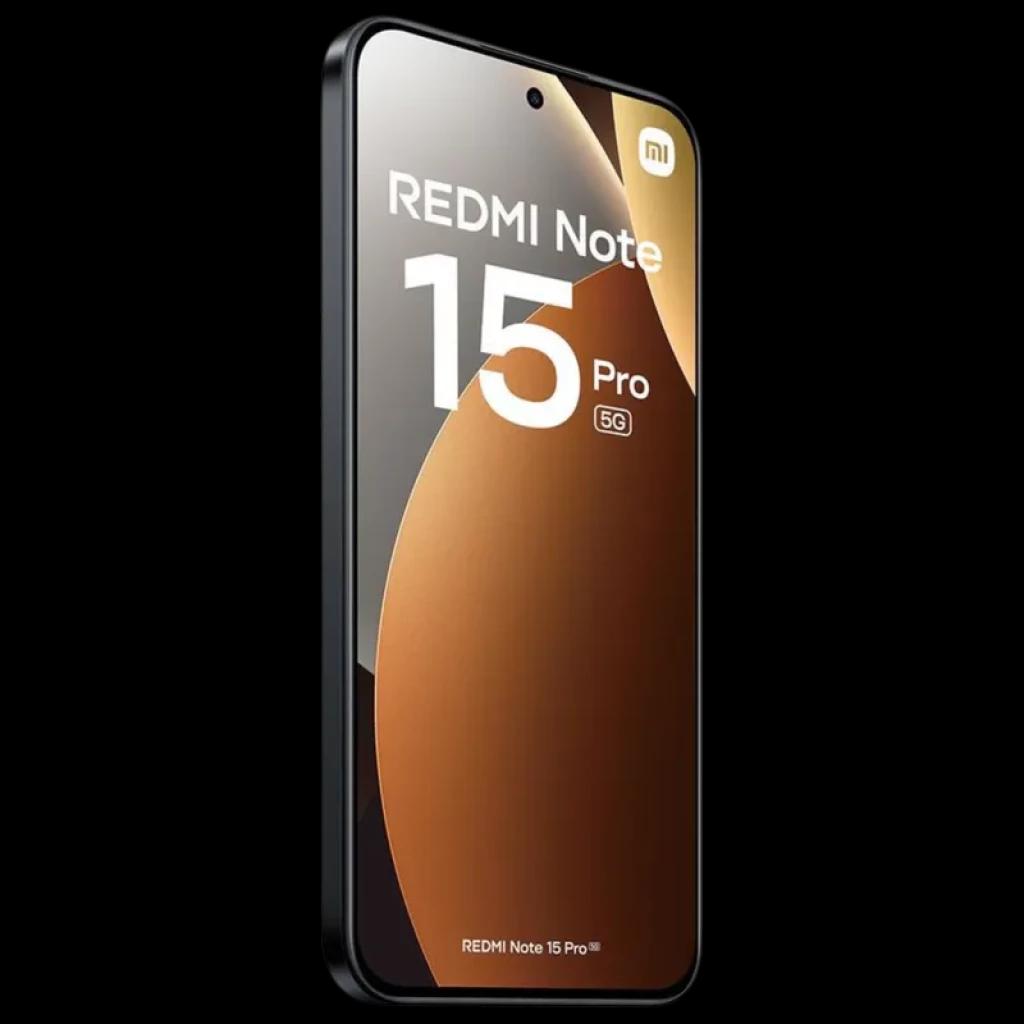 Xiaomi Redmi Note 15 Pro 5G 8GB/256GB preto com tela grande de bordas finas, furo central para câmera frontal e laterais retas em acabamento fosco elegante