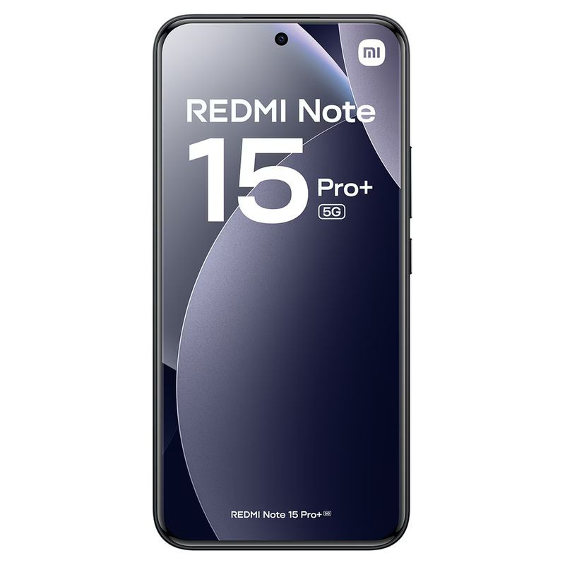 Xiaomi Redmi Note 15 Pro+ 8GB/256GB Preto com tela ampla quase sem bordas, furo central para câmera frontal e acabamento escuro elegante com logo mi no topo