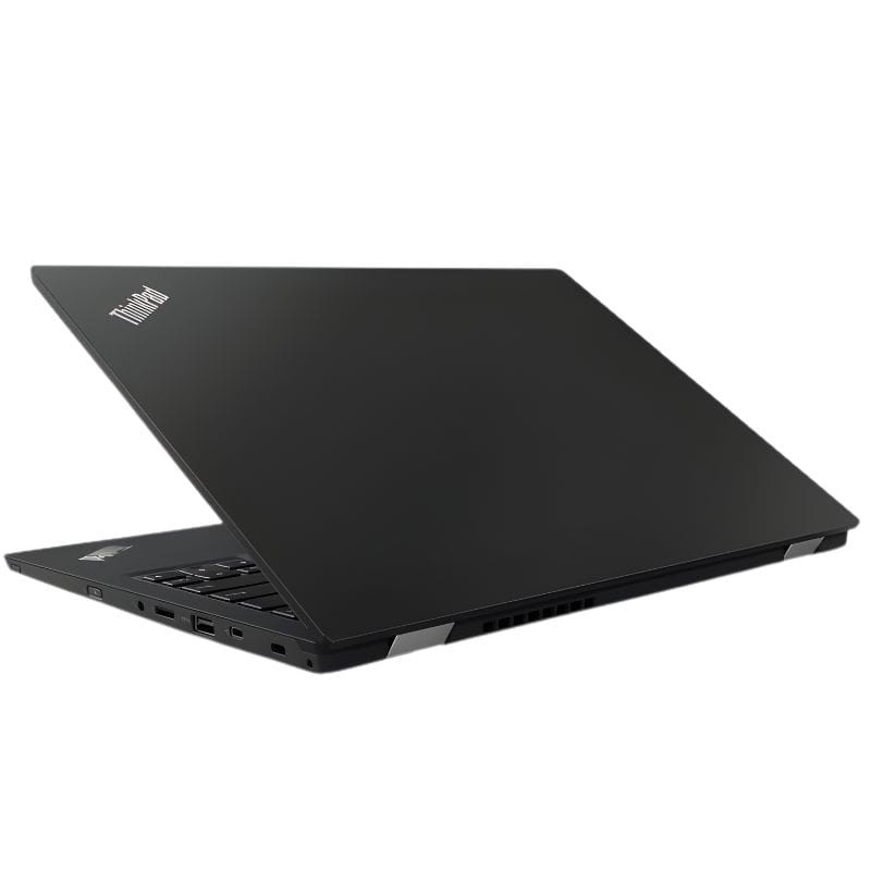 Lenovo ThinkPad L380 noir semi-ouvert, châssis fin, logo ThinkPad angle, nombreux ports latéraux, charnières métalliques, clavier QWERTY visible