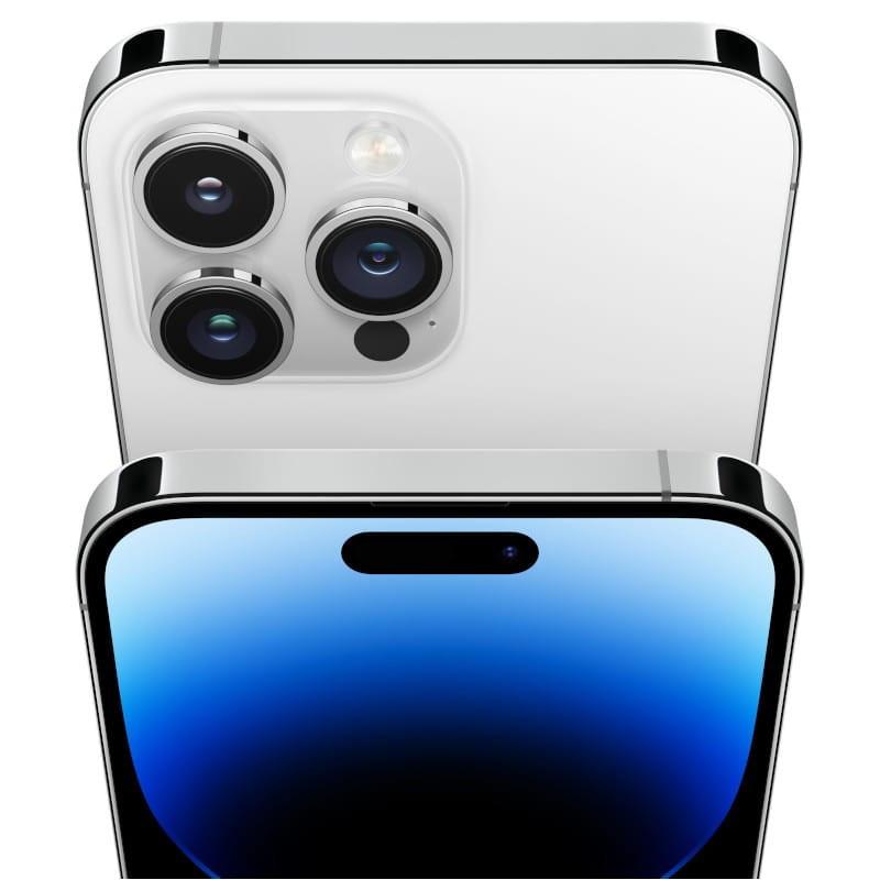 iPhone 14 Pro 512 GB prateado renovado em excelente condição, bordas planas em aço, tela Super Retina XDR com Dynamic Island e módulo triplo de câmeras