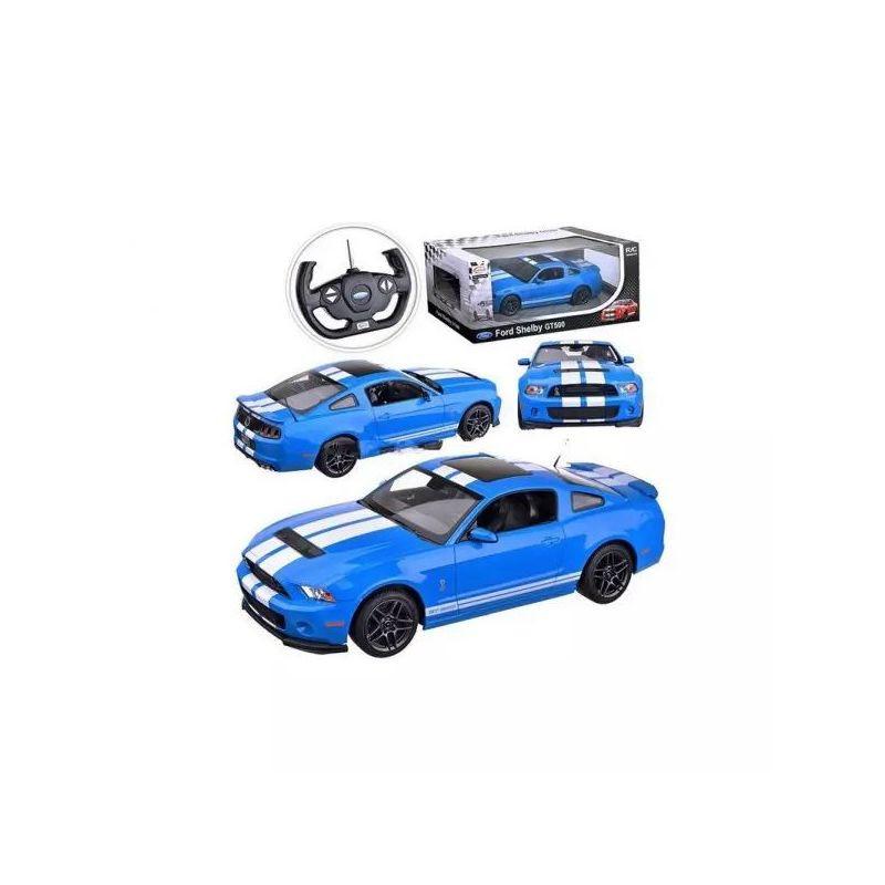 RASTAR R/C 1:14 Ford Shelby GT500 bleu avec bandes blanches, carrosserie détaillée, jantes noires sport, télécommande incluse et boîte de présentation