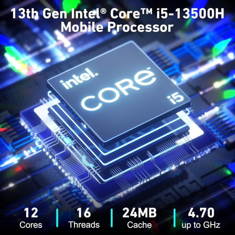 Gráfico del procesador Intel Core i5-13500H 13ª Gen: 12 núcleos, 16 hilos, 24 MB de caché y hasta 4.70 GHz, resaltado sobre placa base iluminada