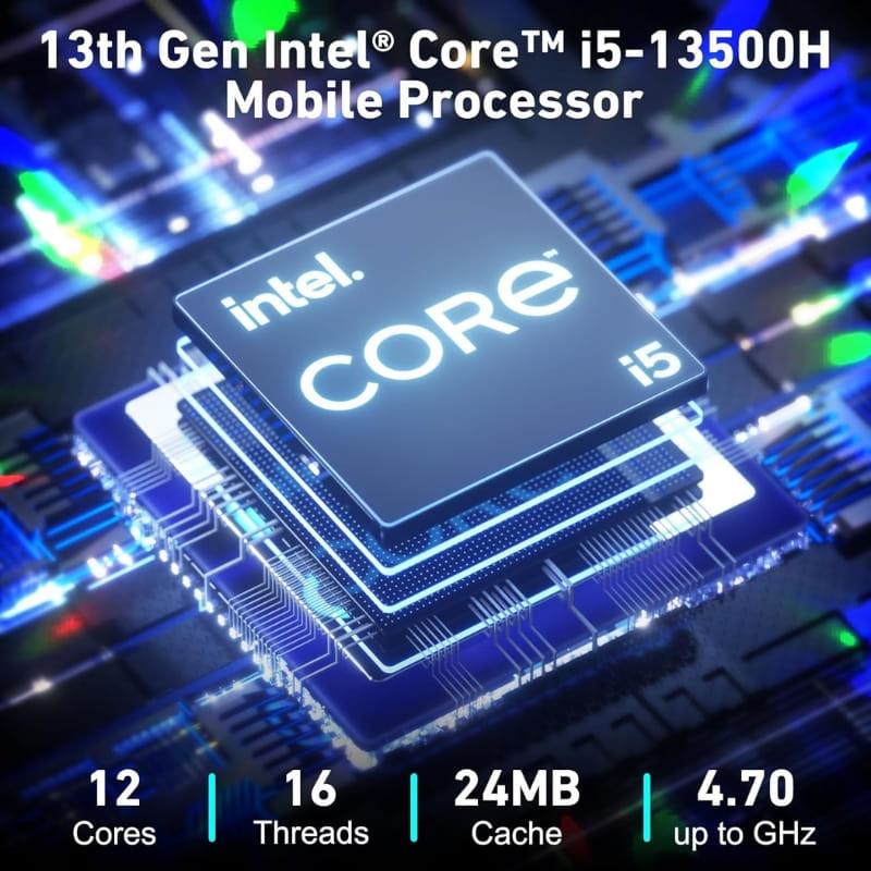 Gráfico del procesador Intel Core i5-13500H 13ª Gen: 12 núcleos, 16 hilos, 24 MB de caché y hasta 4.70 GHz, resaltado sobre placa base iluminada