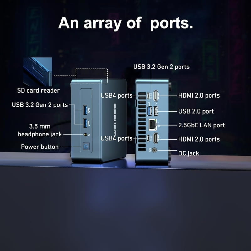 Mini PC GEEKOM IT13 con frontal de lector SD, jack 3.5 mm y botón; lateral con USB 3.2 y USB4; trasera con HDMI 2.0, USB 2.0, LAN 2.5GbE y toma DC