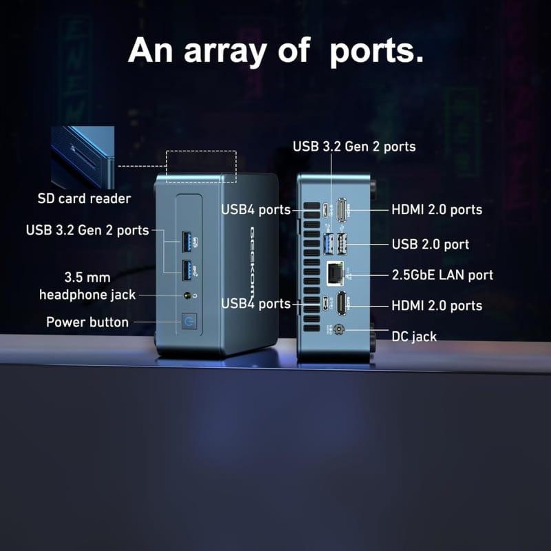 Mini PC GEEKOM IT13 con frontal de lector SD, jack 3.5 mm y botón; lateral con USB 3.2 y USB4; trasera con HDMI 2.0, USB 2.0, LAN 2.5GbE y toma DC