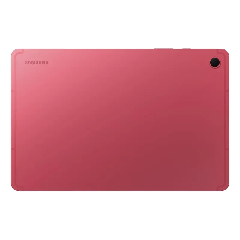Vista trasera de la Samsung Galaxy Tab S10 Lite rojo coral con logo de la marca y módulo de cámaras