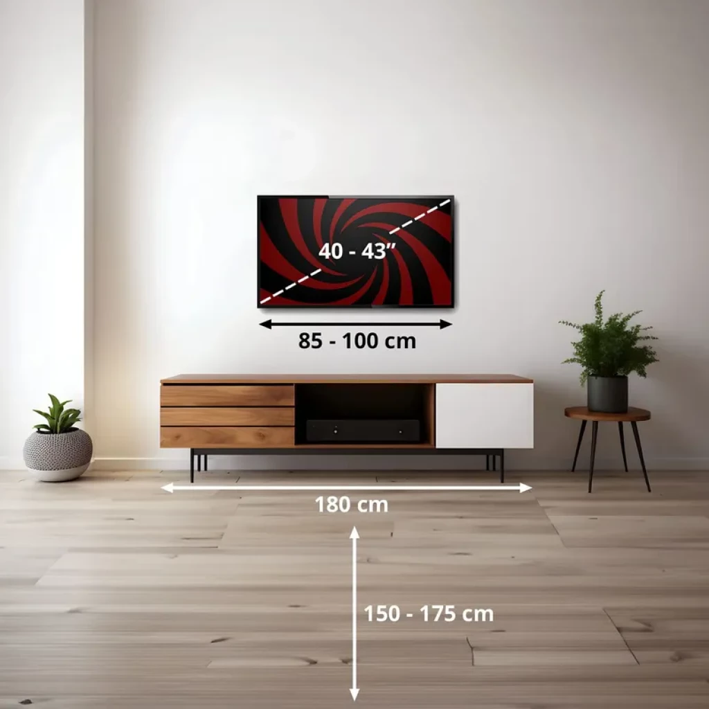 TV Samsung UE43U7022FK 43 pulgadas montado en pared sobre mueble minimalista; marco fino, pantalla UHD 4K HDR10+ con patrón rojo y negro, ambiente moderno