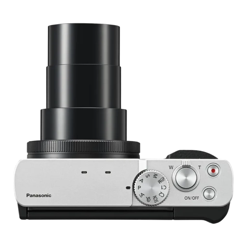 Panasonic Lumix TZ99 Argent avec boîtier argenté, zoom optique étendu, molette de sélection des modes, bouton d'enregistrement rouge et commande W/T sur le dessus