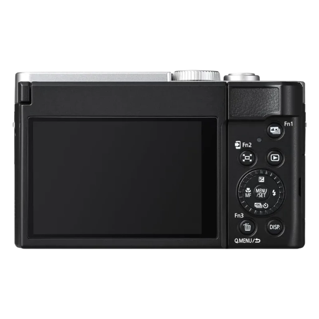 Arrière du Panasonic Lumix TZ99 Argent 20,3 MP 4K avec grand écran LCD, molette de contrôle, boutons Fn et molette de mode ; finition noire avec détails