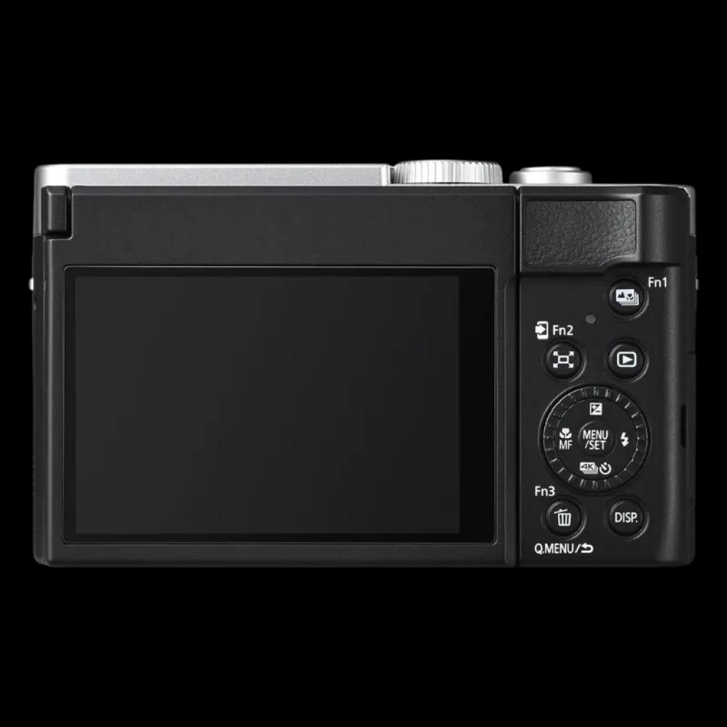 Arrière du Panasonic Lumix TZ99 Argent 20,3 MP 4K avec grand écran LCD, molette de contrôle, boutons Fn et molette de mode ; finition noire avec détails