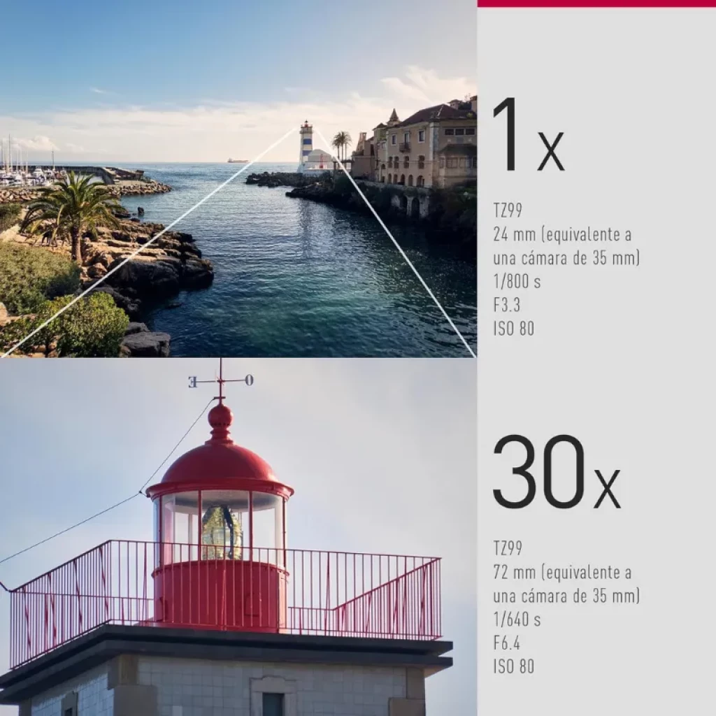 Panasonic Lumix TZ99 Argent 20,3 MP 4K : zoom optique 30x, grand angle 24 mm, détails nets et couleurs vives ; idéal pour les paysages et les gros plans