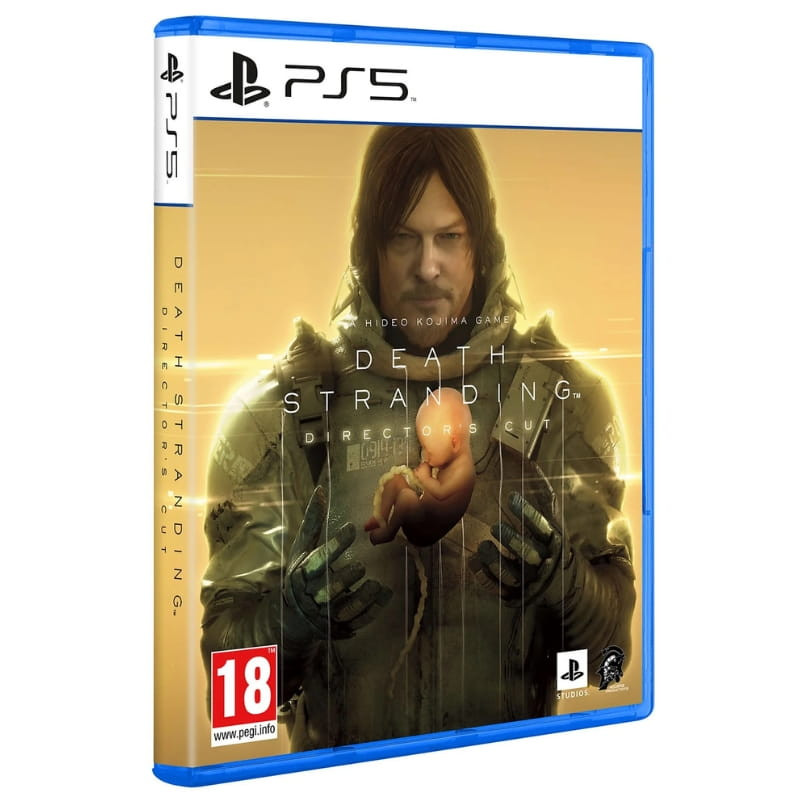 Boîte PS5 bleue Death Stranding Directors Cut, jaquette dorée avec personnage tenant un bébé en capsule, logos PEGI 18 et PlayStation visibles