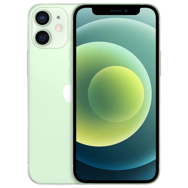 iPhone 12 Mini 5G 64GB verde renovado en estado excelente, pantalla borde a borde, doble cámara trasera y diseño compacto con acabado verde claro