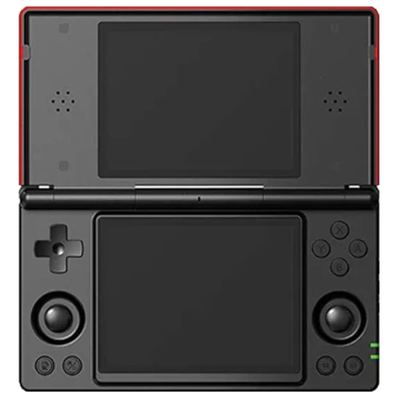 Anbernic RG DS Negra - Consola retro con doble pantalla, carcasa negra con bordes rojos, cruceta, dos joysticks, botones ABXY y altavoces frontales