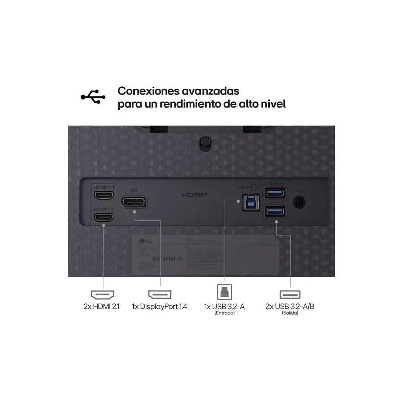 Panel trasero del LG UltraGear 27GX704A: 2x HDMI 2.1, 1x DisplayPort 1.4, 1x USB 3.2-A, 2x USB 3.2-A/B y entrada de alimentación, diseño texturizado negro