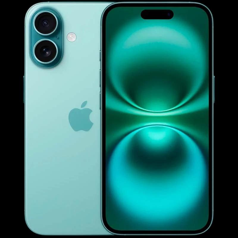 Smartphone bleu vert élégant avec double appareil photo arrière, écran bord à bord lumineux, bouton latéral et logo Apple, finition reconditionnée