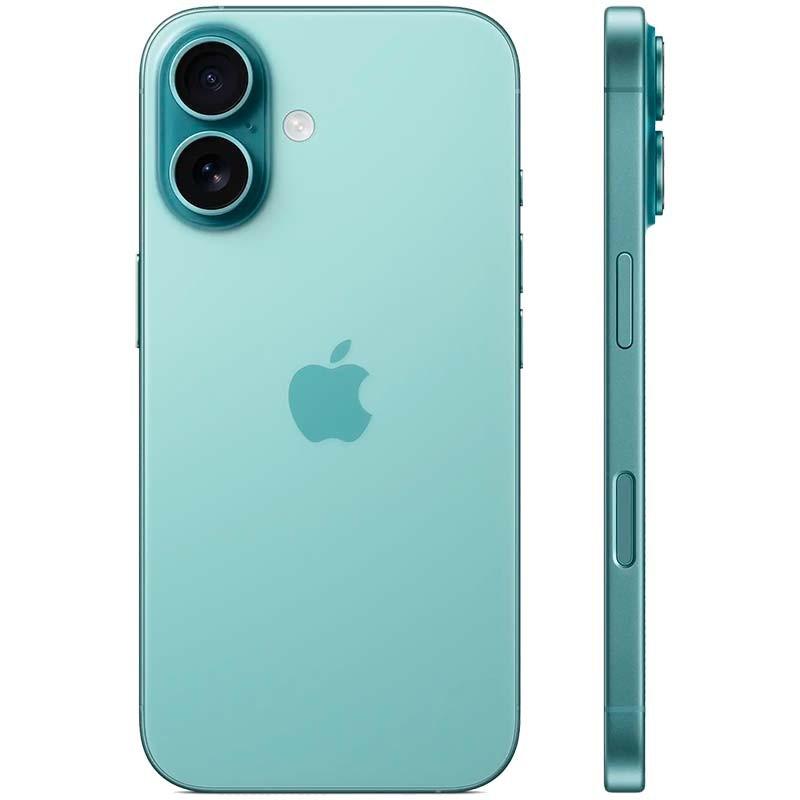 iPhone 16 5G 128 Go bleu vert reconditionné excellent état, mettant en avant la puce A18 avec éclairage néon sur fond sombre et design épuré