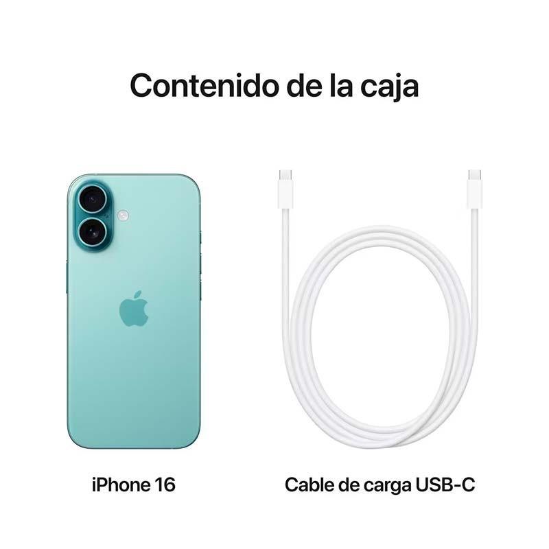iPhone 16 5G 128 Go bleu vert reconditionné excellent état avec double appareil photo arrière et câble de charge USB‑C blanc inclus