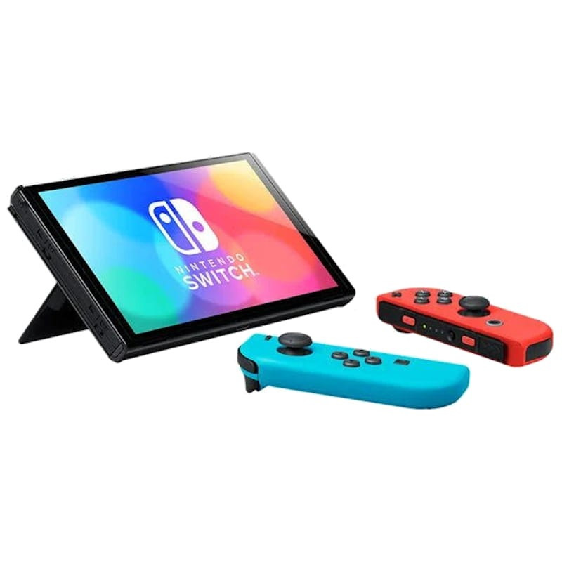 Nintendo Switch OLED renovada en excelente estado con pantalla brillante, soporte trasero ajustable y Joy-Con azul neón y rojo neón desmontables