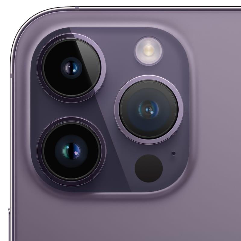 Câmera traseira tripla do iPhone 14 Pro 256GB Morado Escuro Recondicionado Estado Premium, lentes grandes com bordas metálicas e flash LED circular