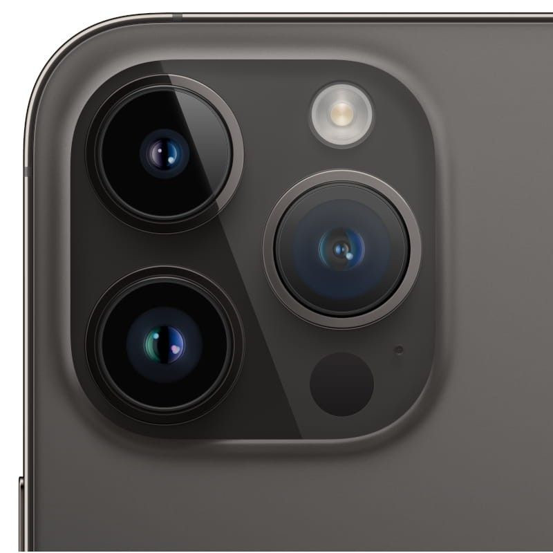 Módulo de triple cámara del iPhone 14 Pro Max Negro Espacial con lentes grandes y flash; acabado mate premium reacondicionado, detalle en primer plano