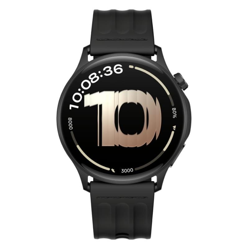 OnePlus Watch Lite Preto com mostrador redondo preto, pulseira de silicone preta texturizada, display digital grande com número 10 em destaque e botão lateral