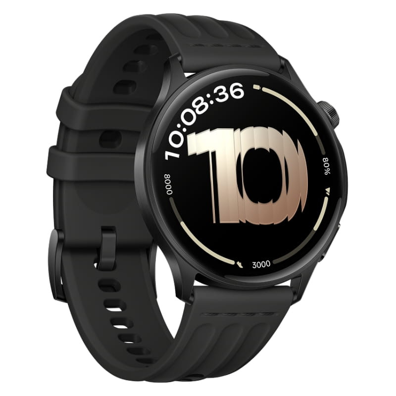 OnePlus Watch Lite Preto com caixa redonda preta, tela circular com mostrador 10, pulseira de silicone preta com furos e fecho, design esportivo com GPS