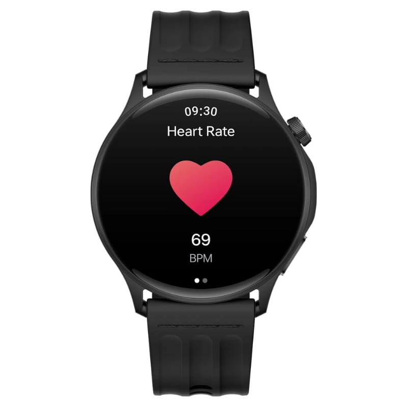 OnePlus Watch Lite Preto, caixa redonda preta, ecrã preto com ícone de coração e leitura de batimentos 69 BPM, pulseira silicone preta, botão lateral, GPS