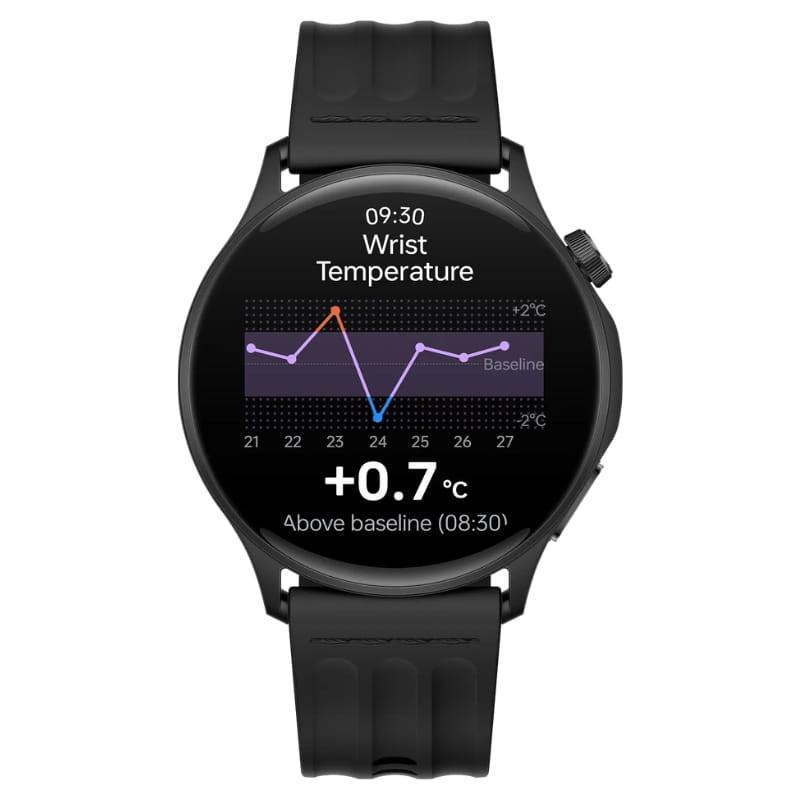 OnePlus Watch Lite Preto, mostrador redondo preto com tela AMOLED, gráfico de temperatura no pulso, pulseira de silicone, corpo leve, GPS e até 10 dias de