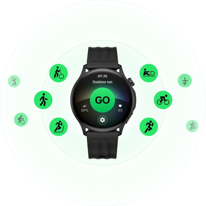 OnePlus Watch Lite Preto com mostrador circular, ecrã colorido, botão lateral e pulseira de silicone; ícones de modos desportivos e GPS em destaque