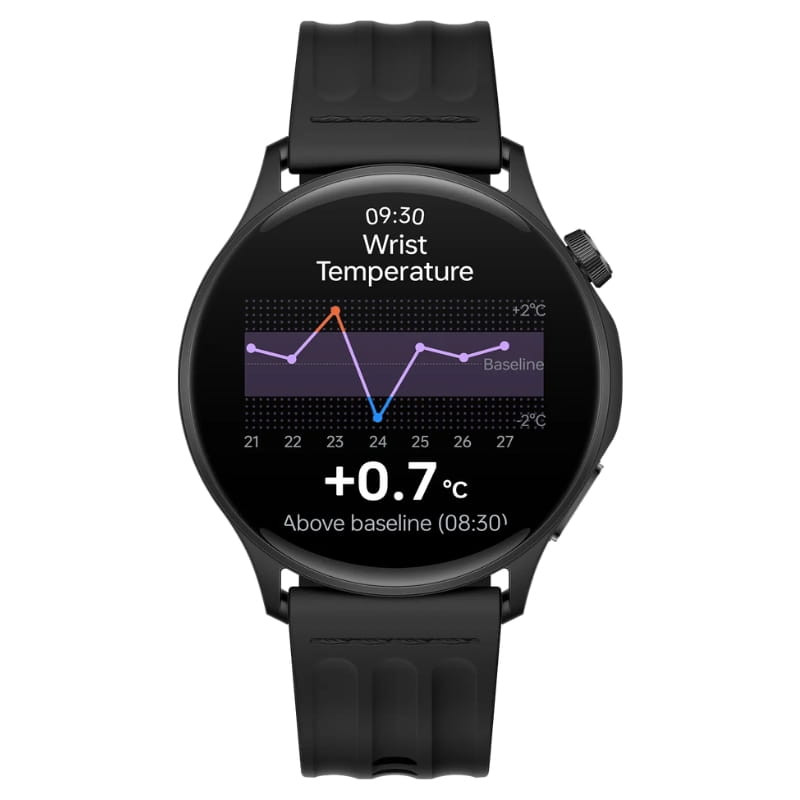 OnePlus Watch Lite Plata con pantalla circular negra, correa de silicona negra y gráfico de temperatura en la esfera; diseño deportivo con medición térmica