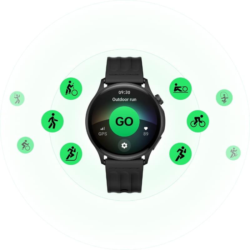 OnePlus Watch Lite Plata con pantalla circular, correa negra y modos deportivos icónicos en verde; GPS, ritmo cardíaco y botón GO centrado en la esfera