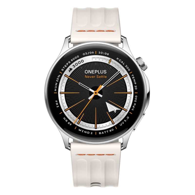 OnePlus Watch Lite Plata con bisel metálico brillante, esfera negra con detalles naranjas, marcadores de actividad y correa de silicona blanca texturizada