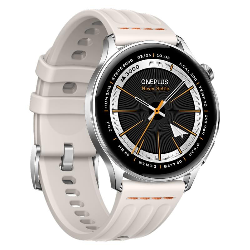 OnePlus Watch Lite Plata con caja metálica plateada, pantalla circular negra con detalles naranjas y correa de silicona blanca perforada, estilo deportivo NFC
