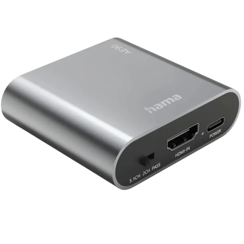 Hama AE-90 Extracteur/diviseur audio HDMI 4K en aluminium gris, port HDMI In, USB-C Power, sélecteur 5.1ch 2ch Pass, design compact et arrondi