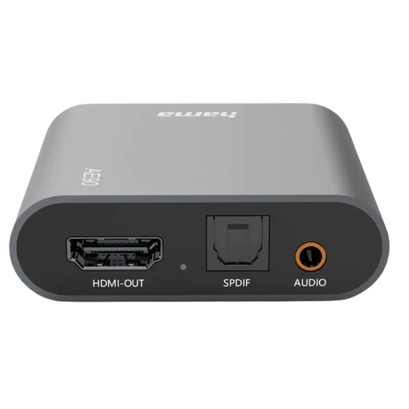 Hama AE-90 extracteur audio HDMI 4K compact, boîtier gris, sorties HDMI-Out, SPDIF optique et jack audio, ports clairement étiquetés pour connexion facile