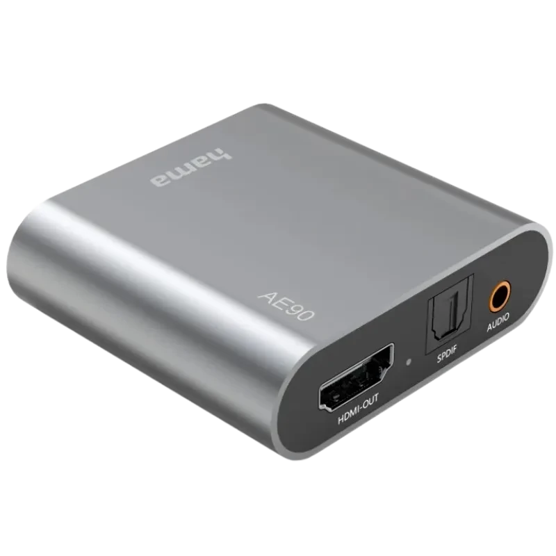 Hama AE-90 Extracteur audio HDMI 4K en boîtier métal gris avec ports HDMI OUT SPDIF optique et jack audio latéraux compact et élégant