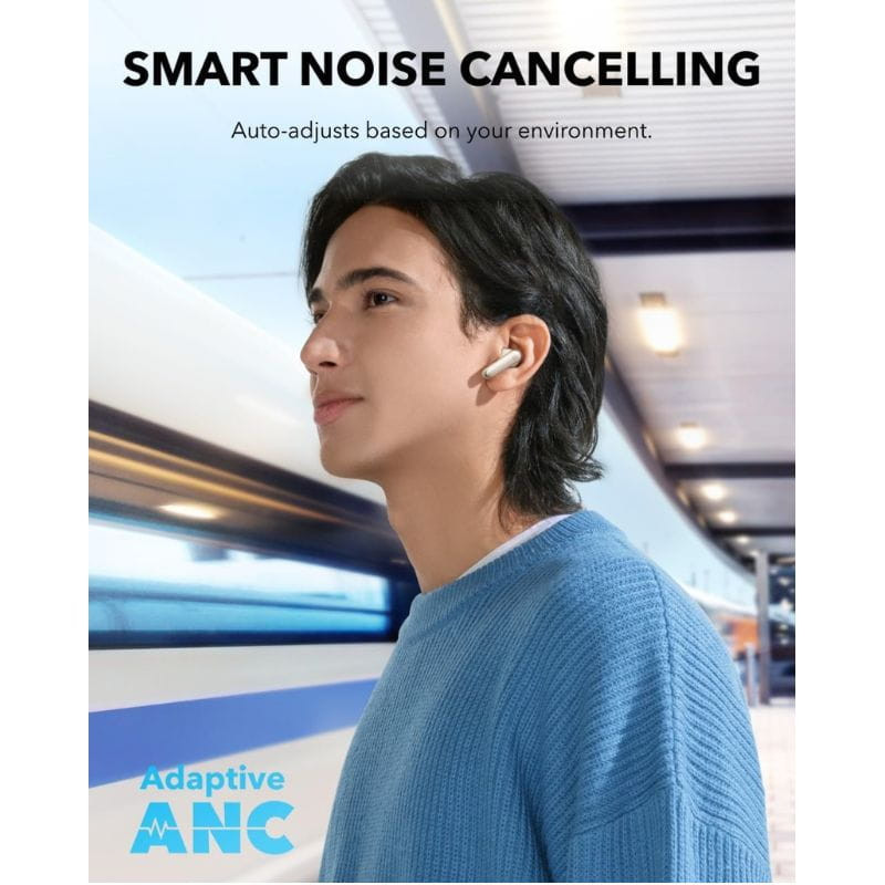 Soundcore P40i Blanc Écouteurs intra-auriculaires blancs avec tiges, design épuré, port confortable, boîtier compact, réduction de bruit adaptive ANC