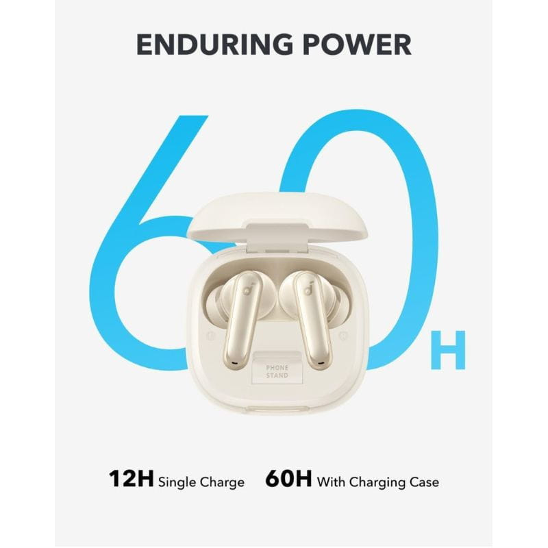 Soundcore P40i Blanc, écouteurs intra-auriculaires avec boîtier blanc ouvert, design épuré, LEDs discrètes, texte 60H et 12H indiquant l’autonomie