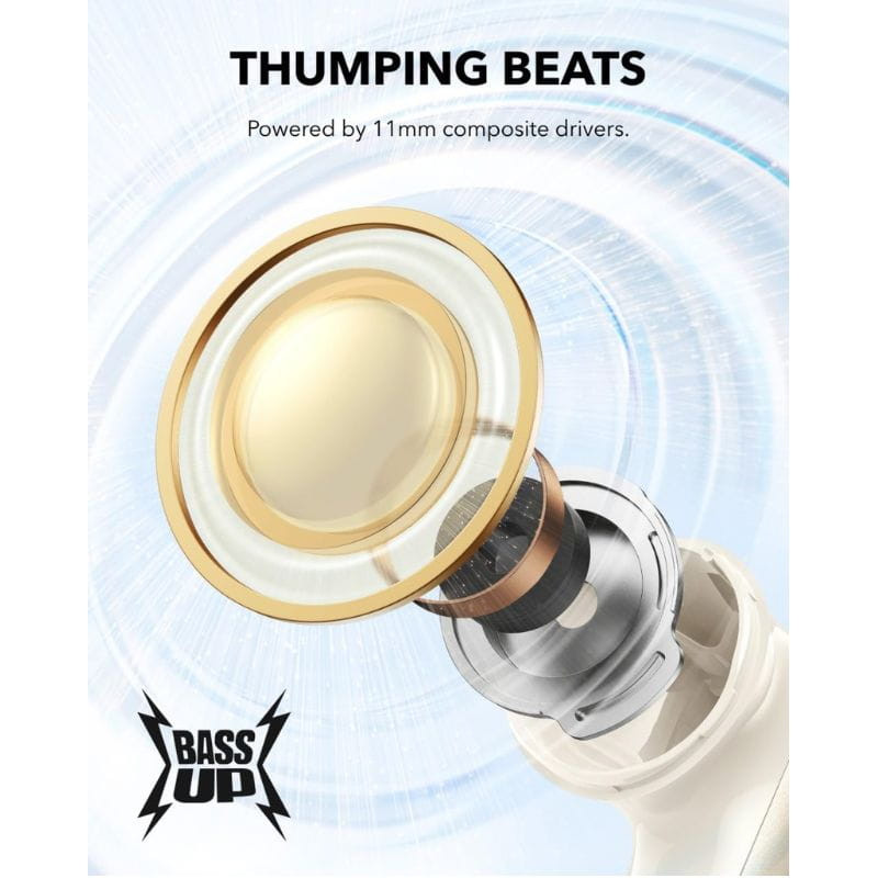 Soundcore P40i Blanc – transducteur composite 11 mm mis en avant, diaphragme doré visible, technologie BassUp pour des basses puissantes et profondes