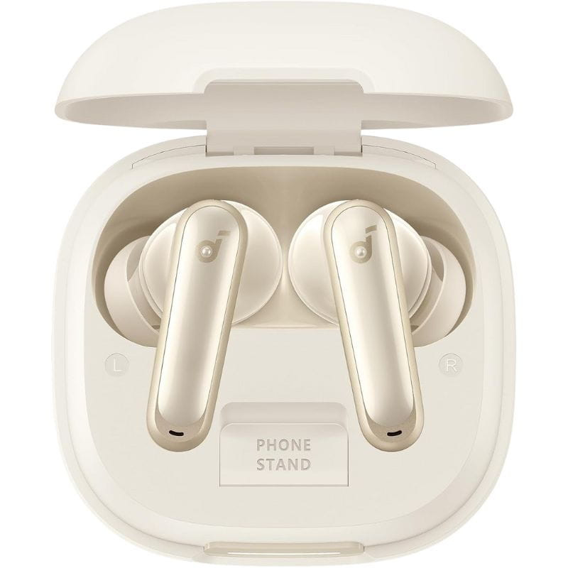 Boîtier blanc ouvert affichant Soundcore P40i Blanc, écouteurs intra-auriculaires à tiges métallisées, indicateurs L et R, mention PHONE STAND visible