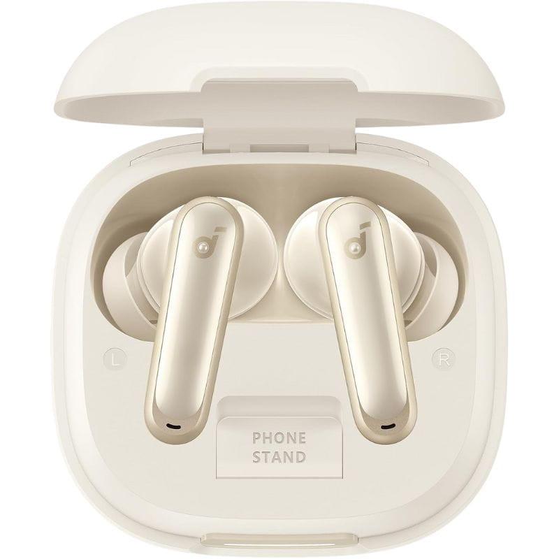 Boîtier blanc ouvert affichant Soundcore P40i Blanc, écouteurs intra-auriculaires à tiges métallisées, indicateurs L et R, mention PHONE STAND visible