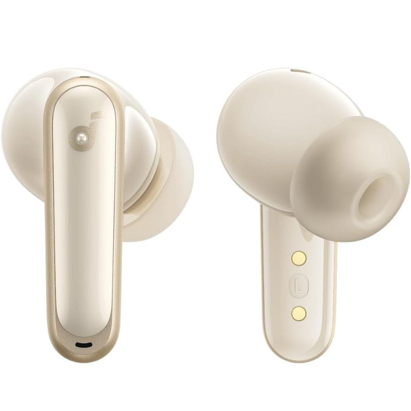 Soundcore P40i Blanc Écouteurs intra-auriculaires au design épuré crème, tiges lisses dorées, embouts silicone souples, ports de charge magnétiques et